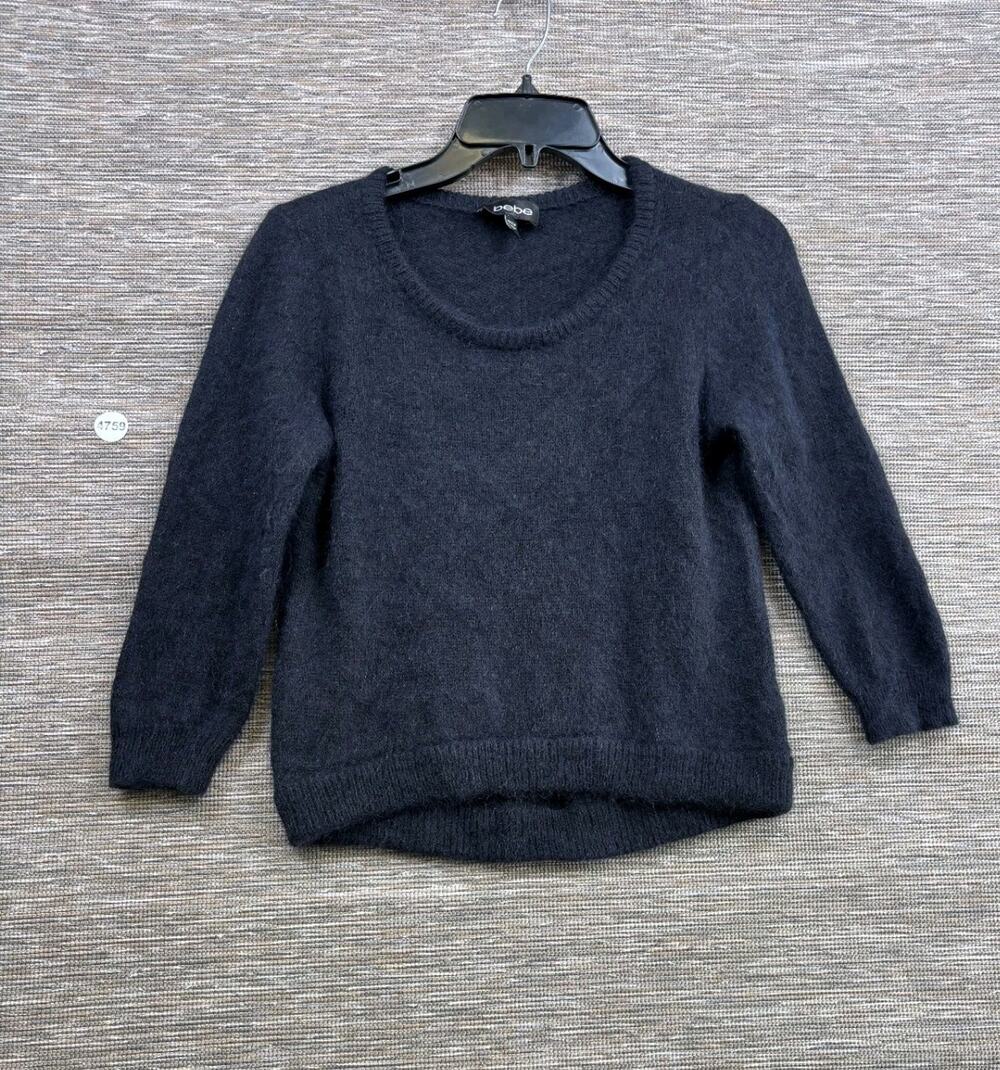 Bebe Y2K Cropped Dollette Knit Sweater Womens Size M Black Long Sleeve